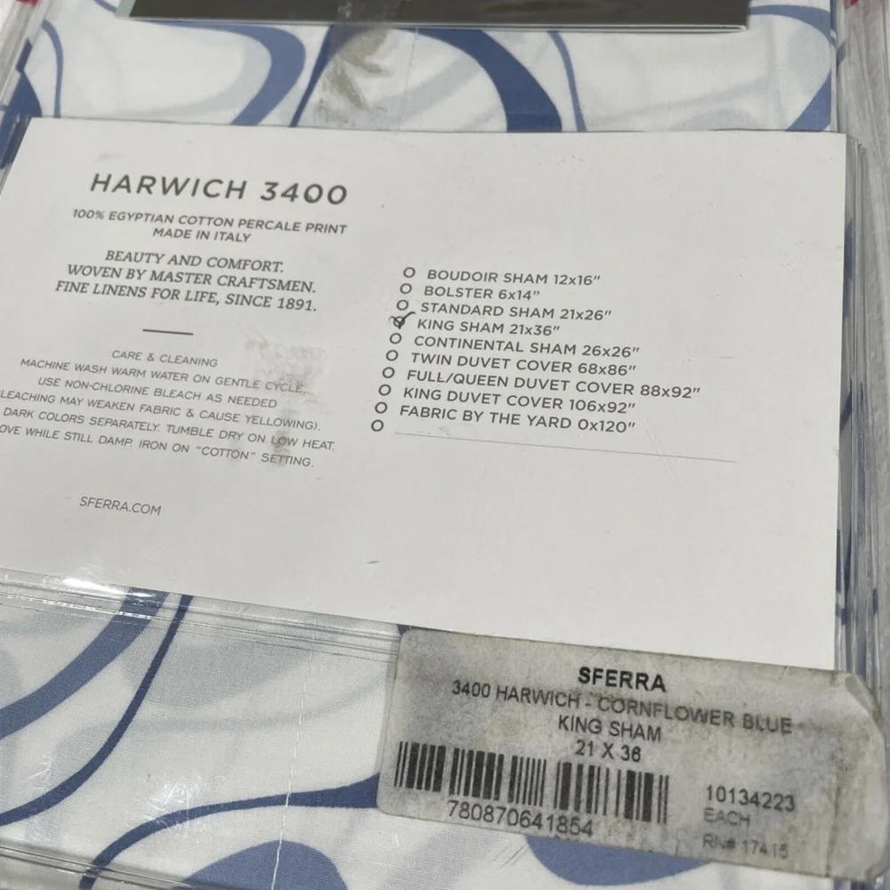 NIB Sferra Harwich [ 1‎ King ] Pillow Sham in White/Cornflower Blue